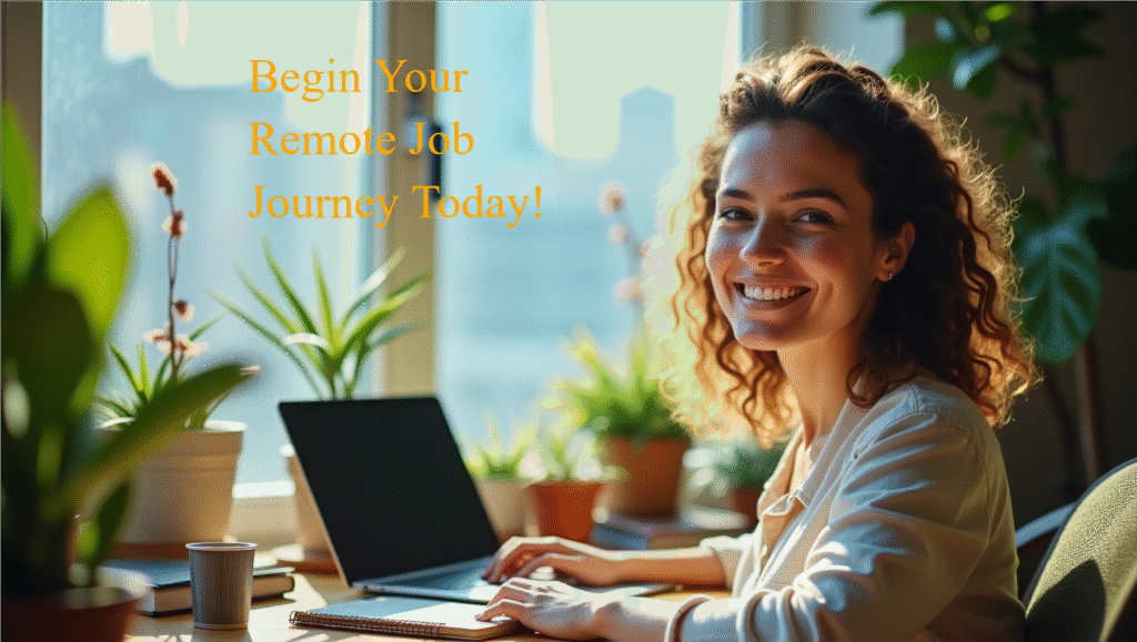 Woman starting her remote job journey on a laptop.