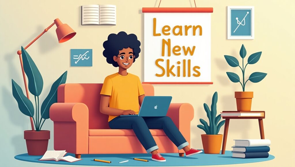 Person with a laptop and 'Learn New Skills' sign.
