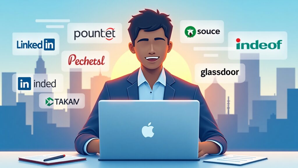 Person with laptop and logos of remote job platforms.