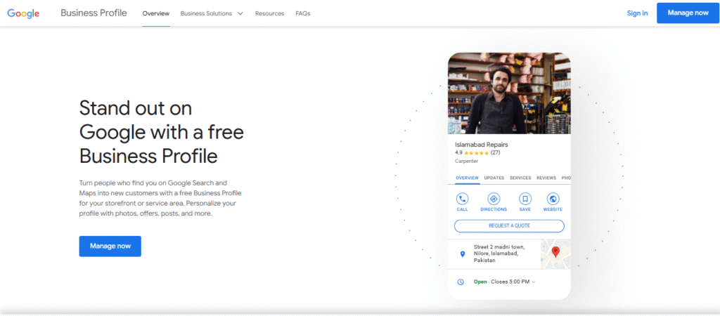 Google Bussiness profile Homepage